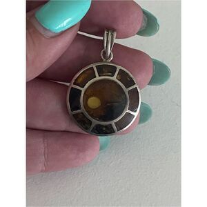 Vintage Sterling Silver& Baltic Amber Inlay Pendant